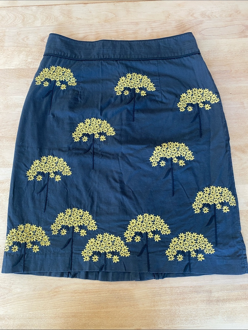 Floreat Grey Striped Pencil Skirt with Yellow Floral Embroidery